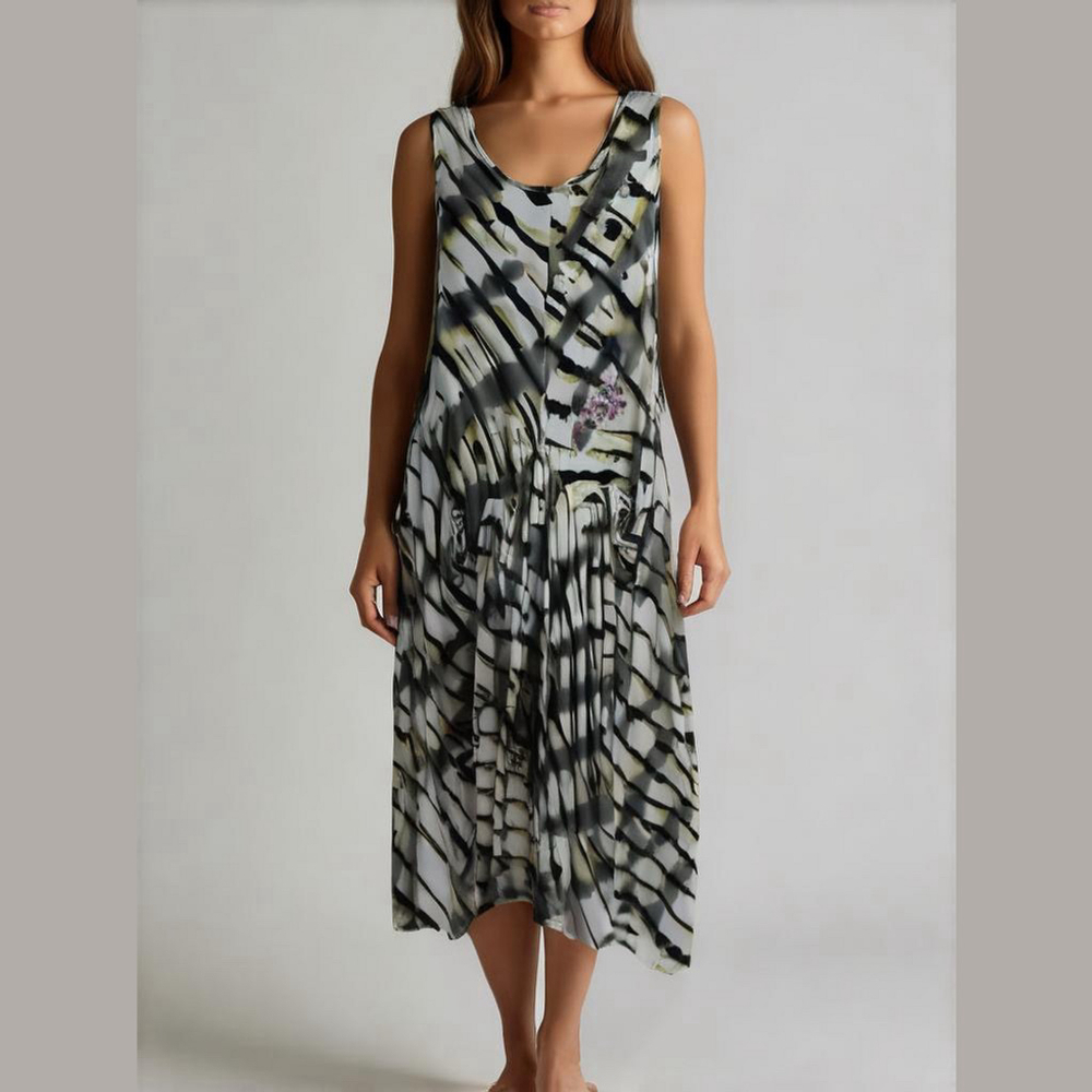 Sleeveless Abstract Print Midi Dress - Gray/Black
